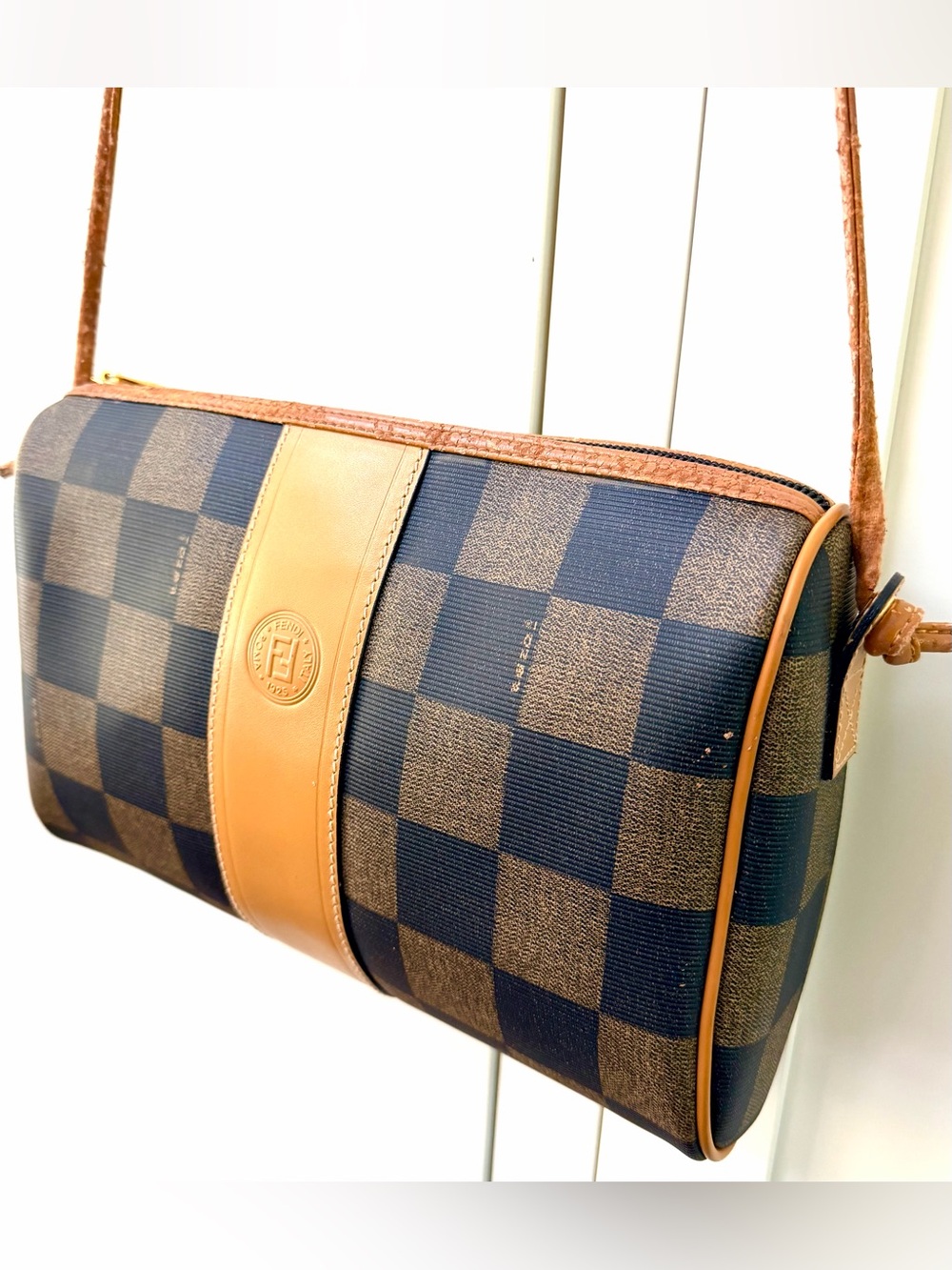FENDI Vintage Pequin Check Camera Crossbody Bag Brown Black Italy - Picture 2 of 15